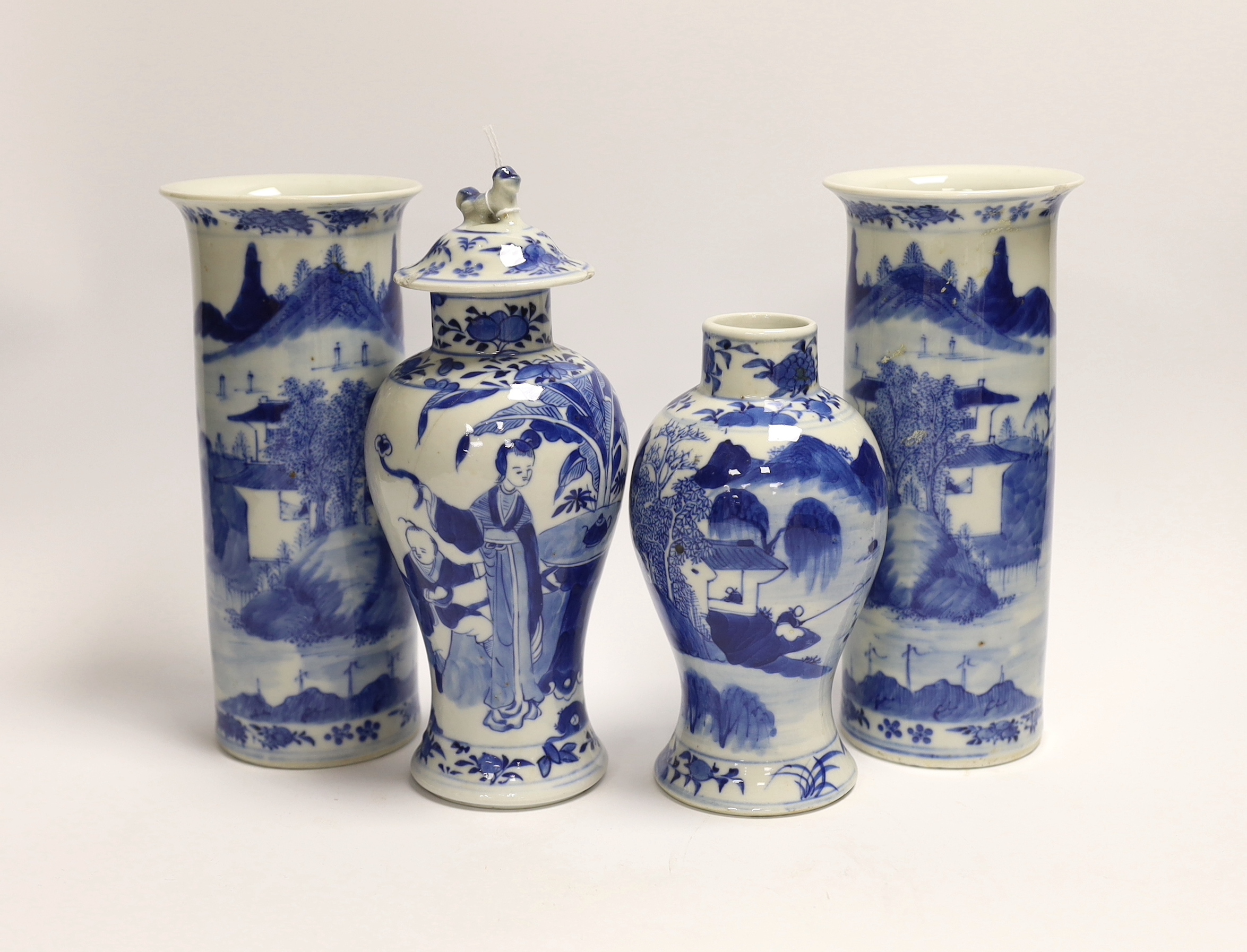 A pair of early 20th century Chinese blue and white sleeve vases and two others, one cover, tallest 21cm